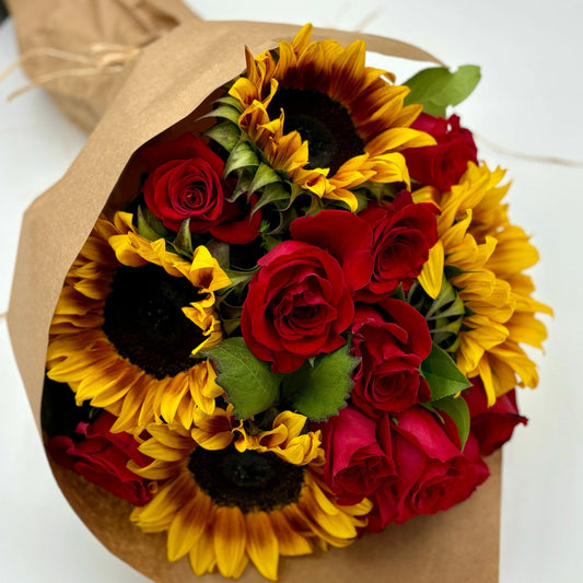 Sunflower and Red Roses Bouquet